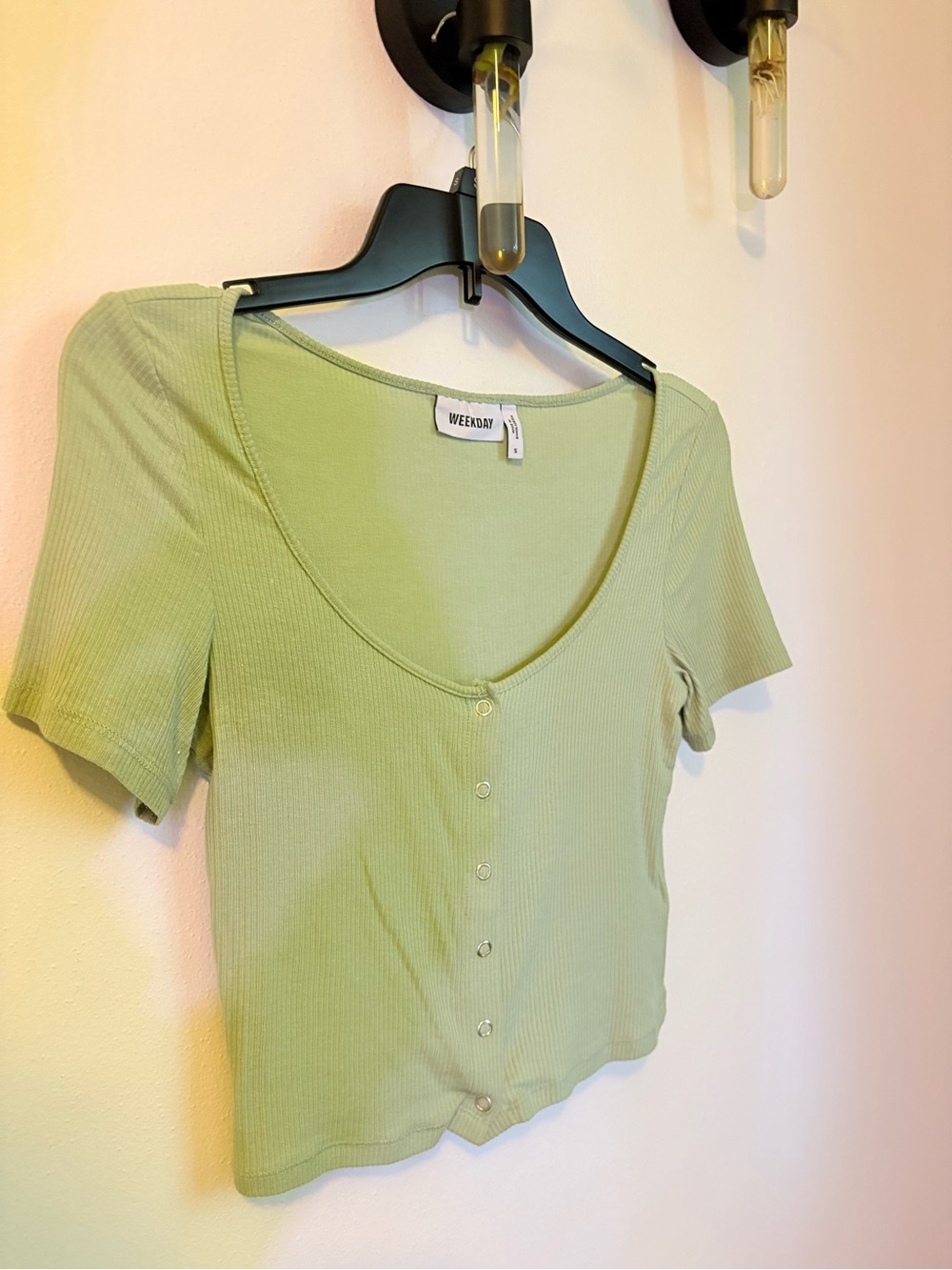 Weekday Mint Green Ribbed Button-Front Crop Top
